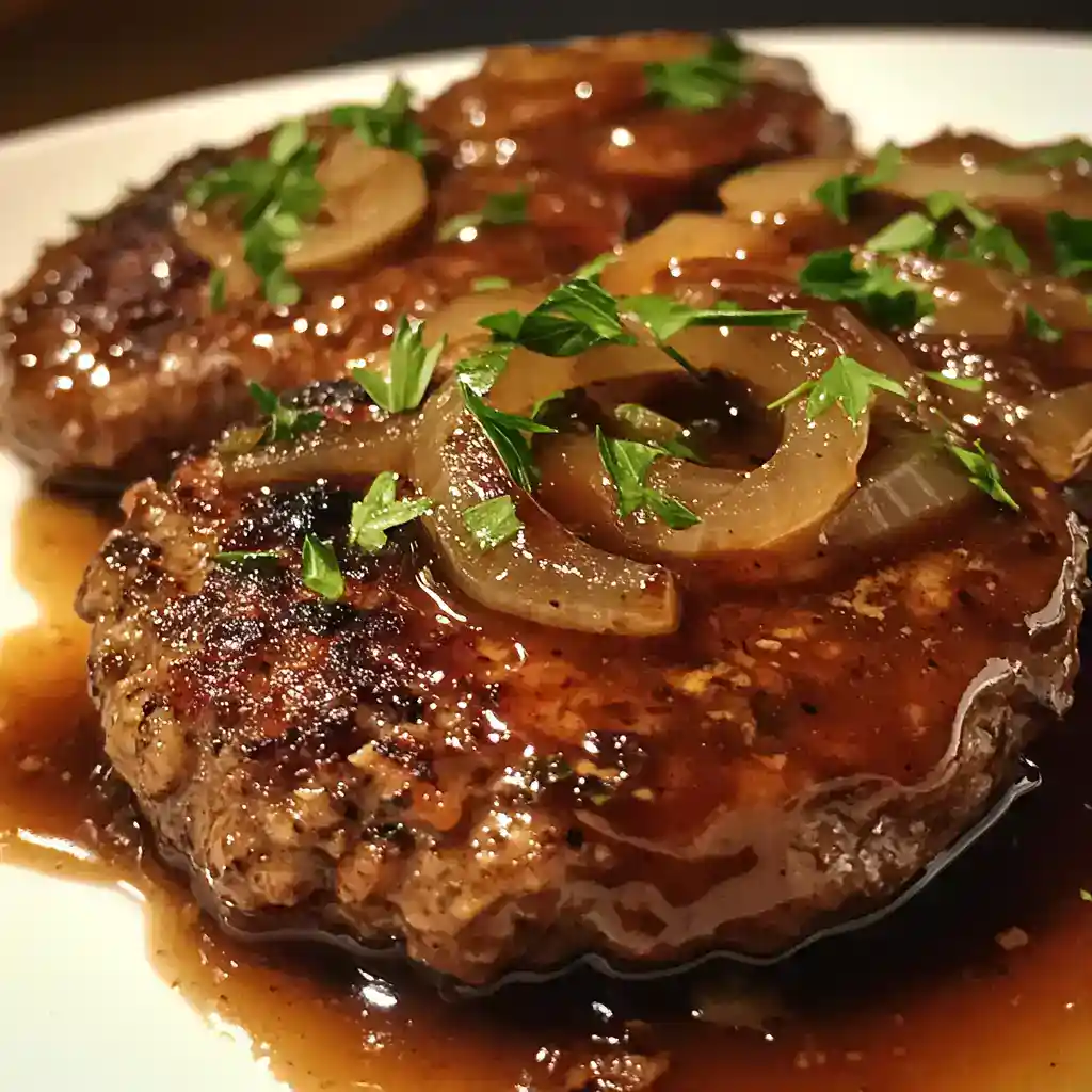 A juicy, perfectly cooked steak topped with caramelized onions and fresh herbs, drizzled with savory sauce for a delicious meal. Ideal for steak lovers and hearty dinner options.