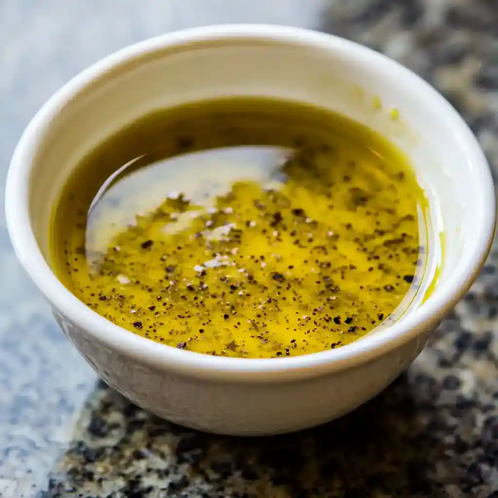 A close-up of extra virgin olive oil infused with freshly ground black pepper in a white ceramic bowl, perfect for dipping bread or enhancing salads.
