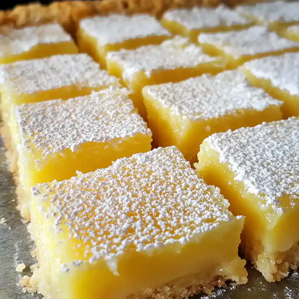 Delicious lemon bars with powdered sugar topping, perfect for spring or summer gatherings, featuring a buttery crust and tangy lemon filling. Great for dessert or tea time on Station Recipes.