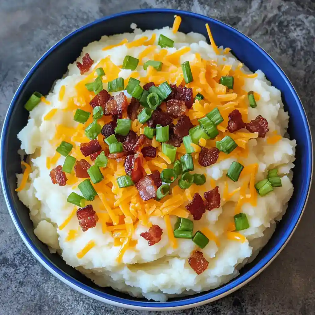 A close-up of fluffy mashed potatoes topped with crispy bacon bits, shredded cheddar cheese, and chopped green onions in a blue bowl.