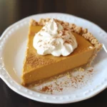 Delicious pumpkin pie topped with whipped cream on a white plate. Perfect for fall and holiday desserts, featuring a smooth filling and a crunchy graham cracker crust.