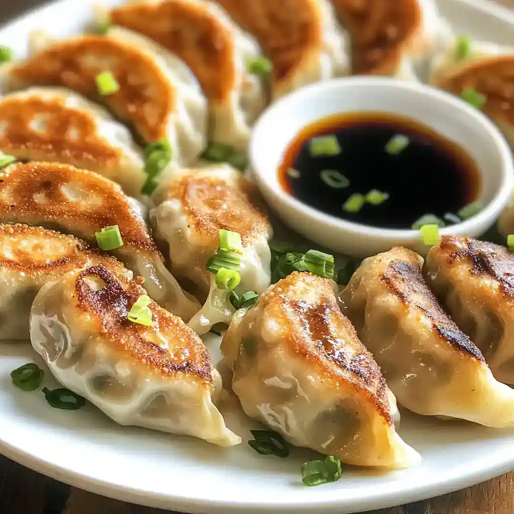 Delicious Asian dumplings with soy sauce, served with chopped green onions for added flavor and freshness. Perfect appetizer or main dish option for Asian cuisine lovers.