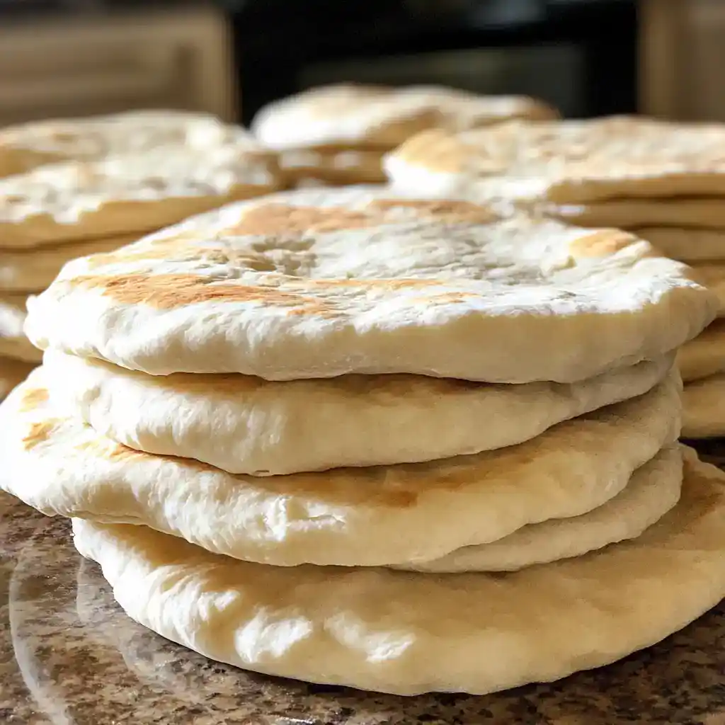 Delicious homemade naan bread stacked on a marble surface, showcasing its soft, fluffy texture and golden-brown spots perfect for Indian cuisine, sandwiches, or side dishes.