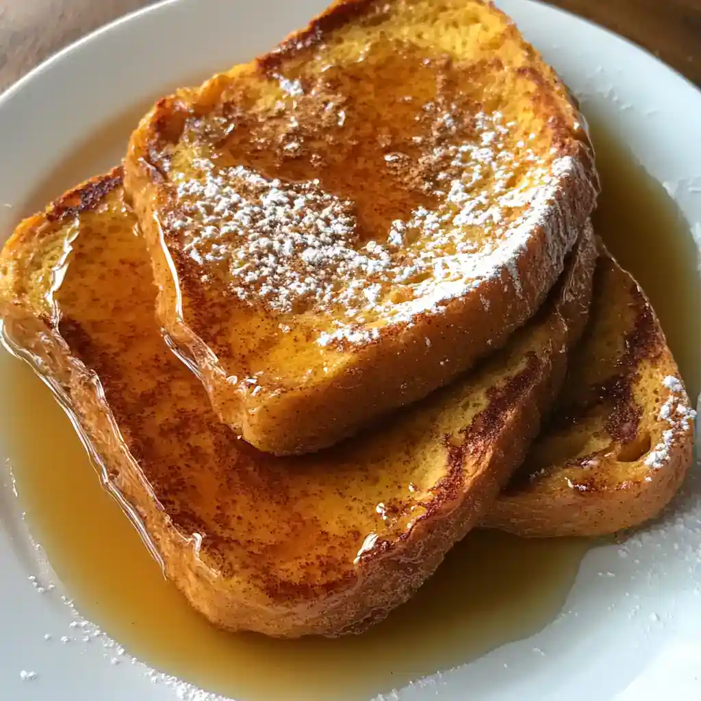 Delicious French toast topped with powdered sugar and drizzled with syrup on a white plate, perfect for breakfast or brunch.