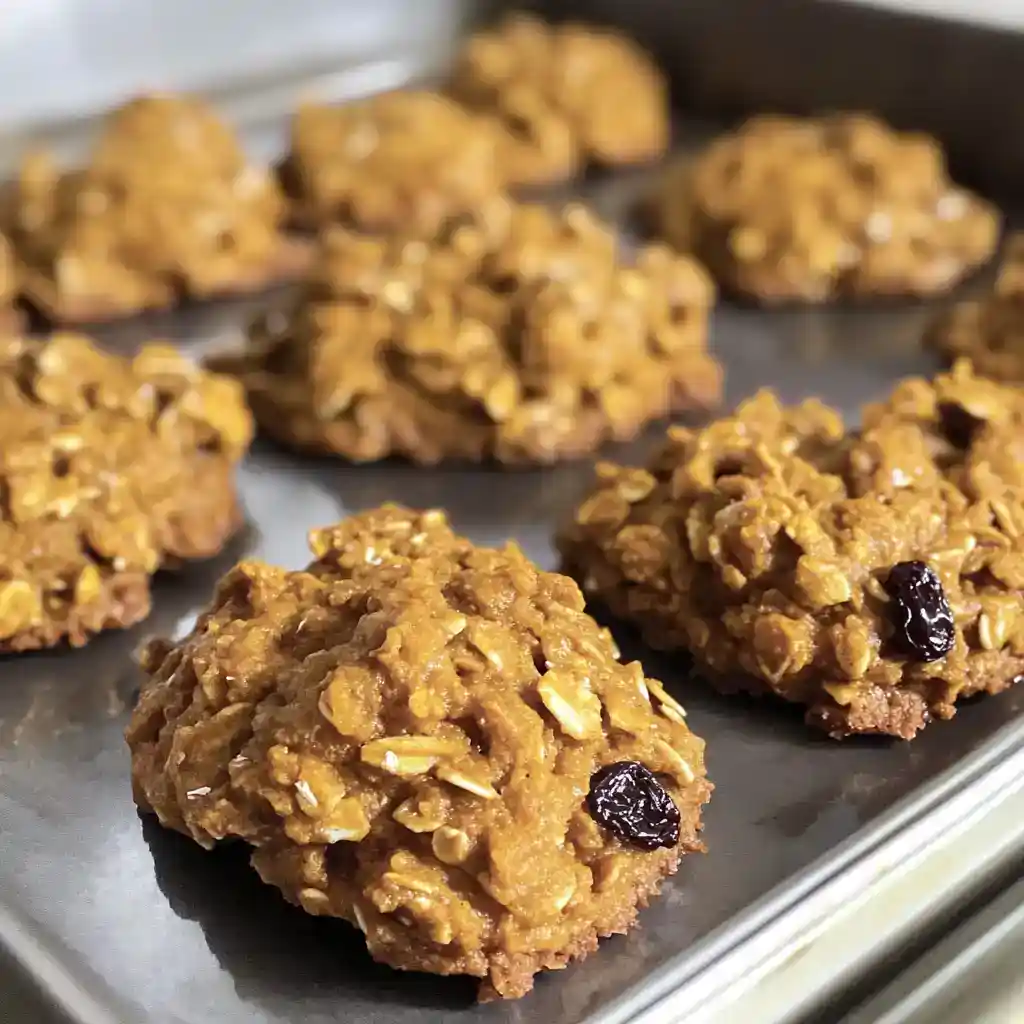 Delicious homemade oatmeal raisin cookies fresh from the oven, featuring oats, raisins, and a hint of cinnamon. Perfect for snack or dessert, easy to make using wholesome ingredients.