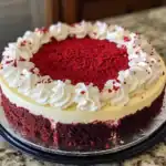 Delicious red velvet cake topped with whipped cream frosting and red sprinkles, perfect for celebrations. Moist, rich, and visually appealing, ideal for special occasions or dessert lovers.