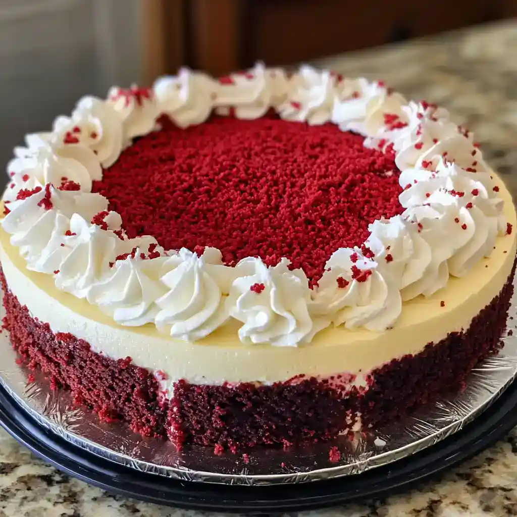 Delicious red velvet cake topped with whipped cream frosting and red sprinkles, perfect for celebrations. Moist, rich, and visually appealing, ideal for special occasions or dessert lovers.