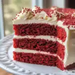 Delicious red velvet cake with creamy frosting and red sprinkles, perfect for parties, special occasions, or dessert lovers. Moist, rich cake layers with smooth icing.