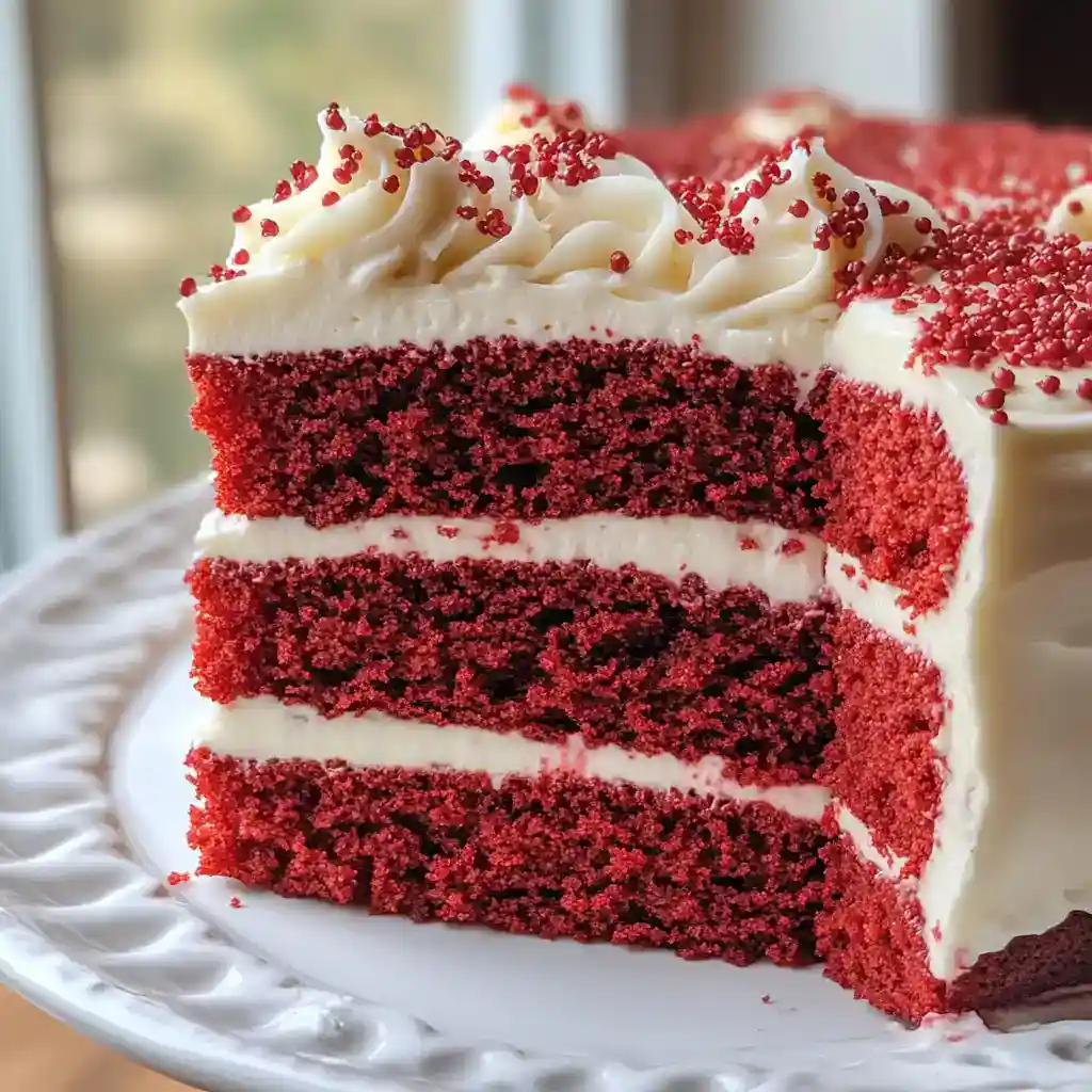 Delicious red velvet cake with creamy frosting and red sprinkles, perfect for parties, special occasions, or dessert lovers. Moist, rich cake layers with smooth icing.
