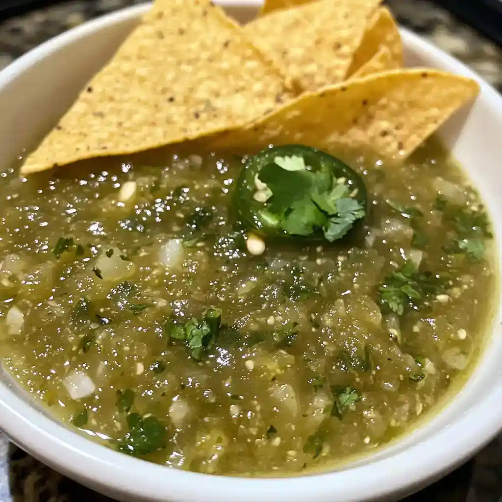 Fresh homemade salsa verde with jalapeño, cilantro, and lime, served with crispy tortilla chips. Perfect for snacking or as a flavorful party appetizer.