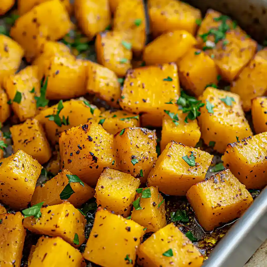 Delicious roasted butternut squash seasoned with herbs and spices, garnished with fresh parsley, perfect for cozy fall dinners and healthy side dishes.