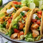 Delicious homemade chicken tacos with fresh vegetables, cheese, and flavorful toppings, perfect for easy meals. Made with tender chicken, lettuce, tomatoes, shredded cheese, and sour cream for a satisfying dish.