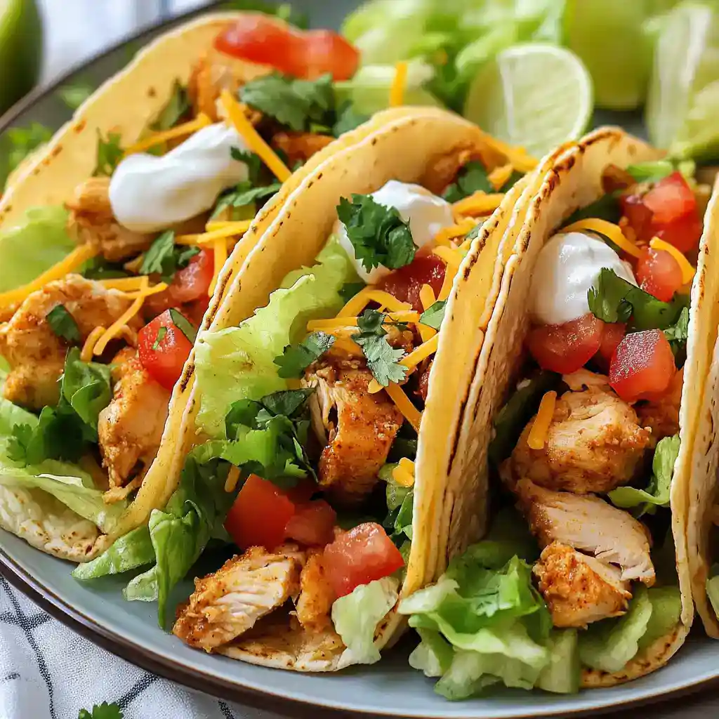 Delicious homemade chicken tacos with fresh vegetables, cheese, and flavorful toppings, perfect for easy meals. Made with tender chicken, lettuce, tomatoes, shredded cheese, and sour cream for a satisfying dish.