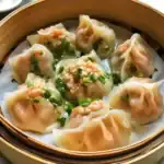 Steamed Chinese dim sum dumplings with pork, shrimp, and green onion filling, served in bamboo steamer basket.