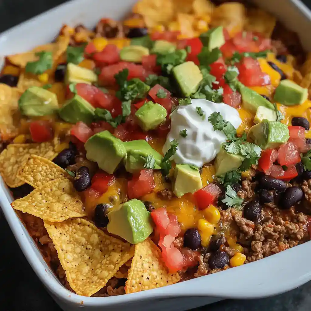 Vibrant loaded nachos with seasoned ground beef, black beans, melted cheese, fresh tomatoes, avocado, sour cream, and cilantro in a white serving dish.