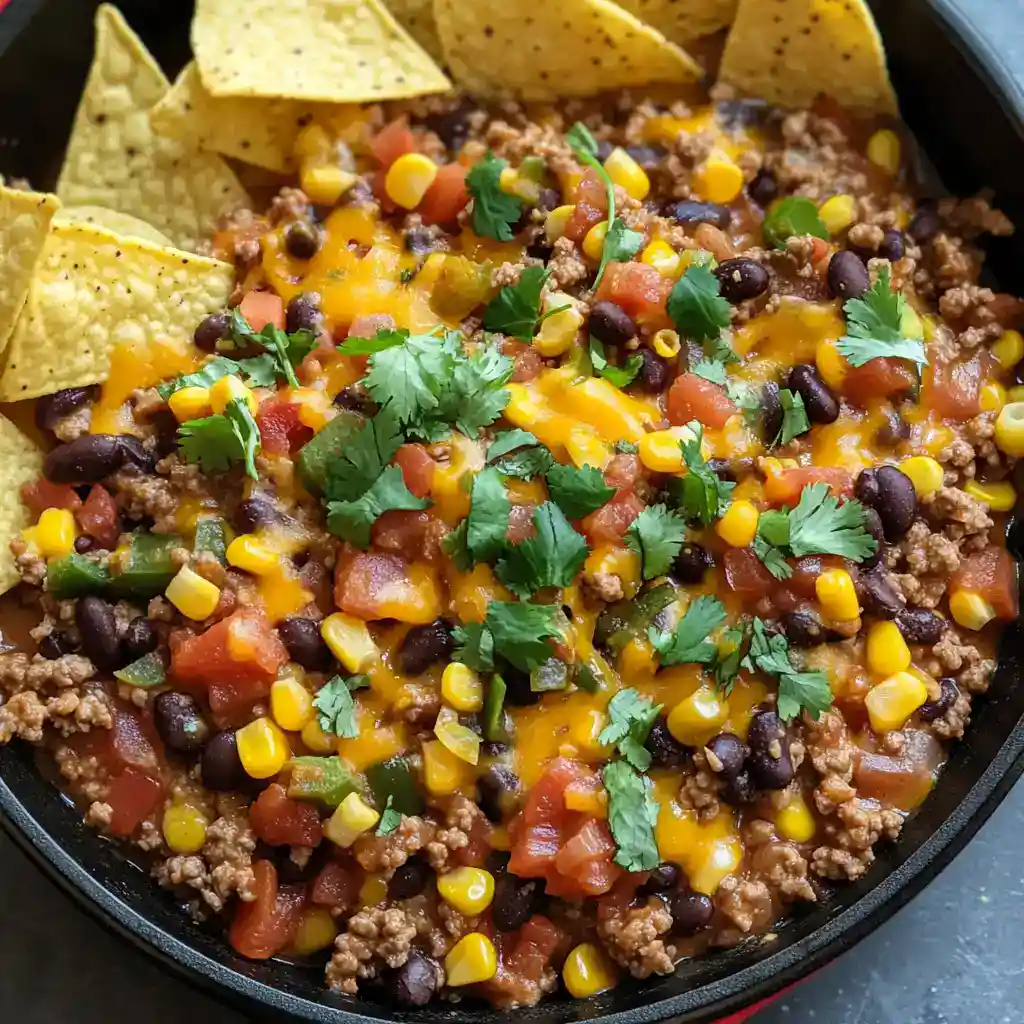 Delicious taco dip topped with seasoned ground beef, black beans, corn, melted cheese, and fresh cilantro, served with crispy tortilla chips for a perfect snack or party appetizer.