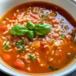 Fresh tomato basil soup with rice, carrots, herbs, and a basil garnish. Perfect for a comforting, homemade meal with healthy ingredients and vibrant flavors.