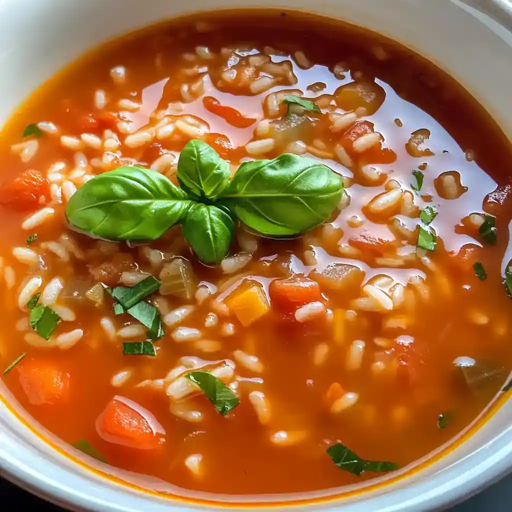 Fresh tomato basil soup with rice, carrots, herbs, and a basil garnish. Perfect for a comforting, homemade meal with healthy ingredients and vibrant flavors.