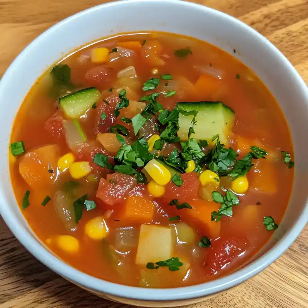 Savory vegetable soup featuring carrots, zucchini, corn, and tomatoes garnished with chopped herbs in a white bowl.