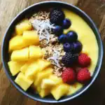 Vibrant smoothie bowl with pineapple, blueberries, raspberries, granola, and coconut shavings, perfect for healthy breakfast or snack. Delicious, nutritious, and visually appealing with fresh fruit toppings.