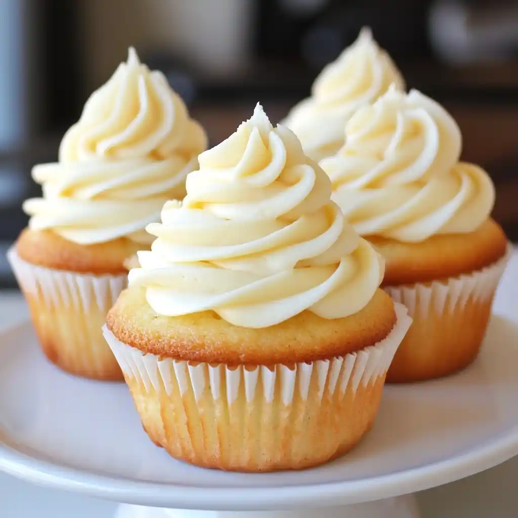 Delicious vanilla cupcakes topped with smooth, creamy swirl frosting, perfect for celebrations or sweet treats. Easy to make with simple ingredients for a delightful dessert.