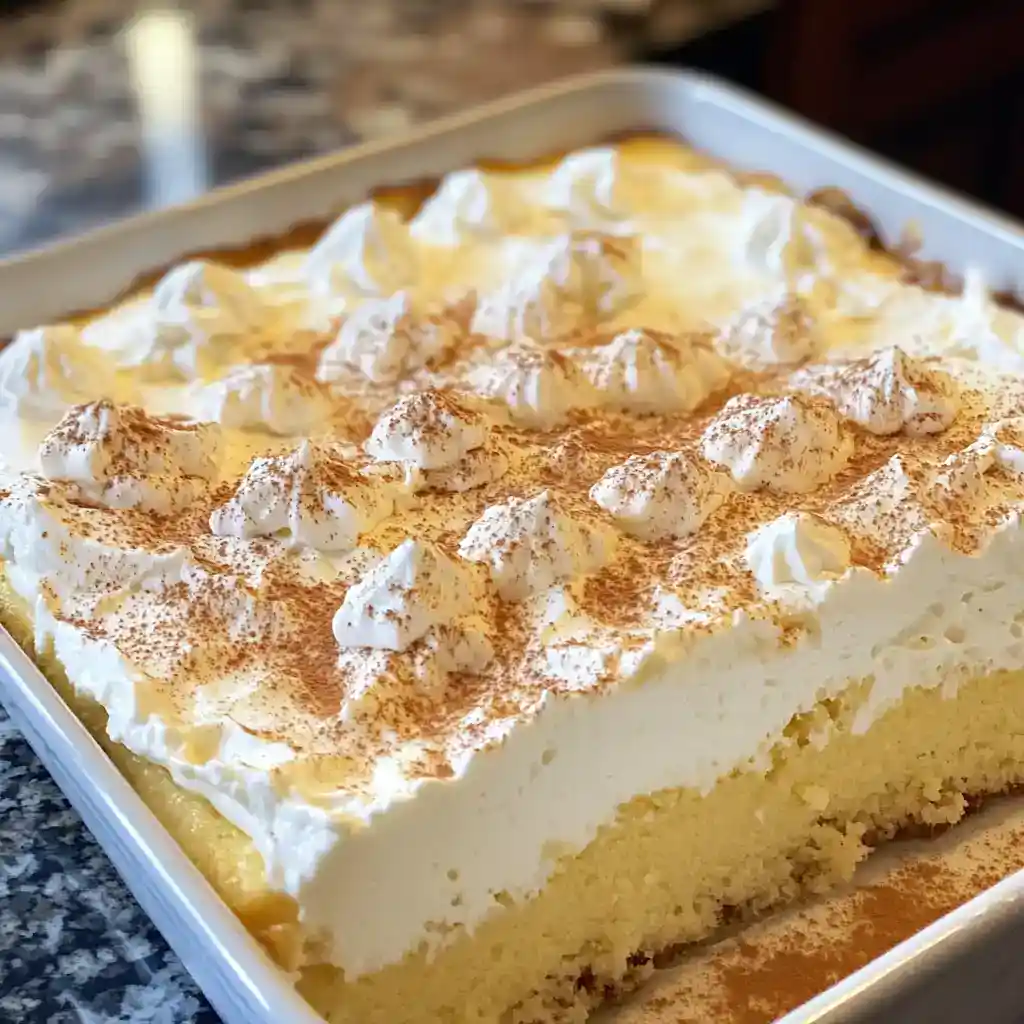 Delicious homemade lemon cake with whipped cream topping and toasted coconut for a tropical flavor. Perfect for celebrations and dessert lovers.