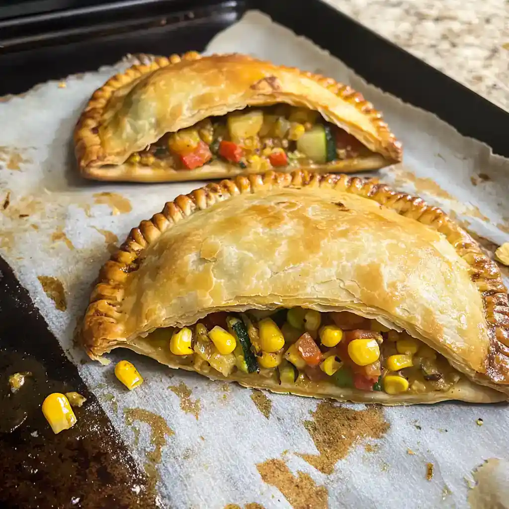 Delicious baked empanadas filled with corn, zucchini, red peppers, and seasoned vegetables, perfect for a quick meal or snack, showcasing golden, flaky pastry crusts.
