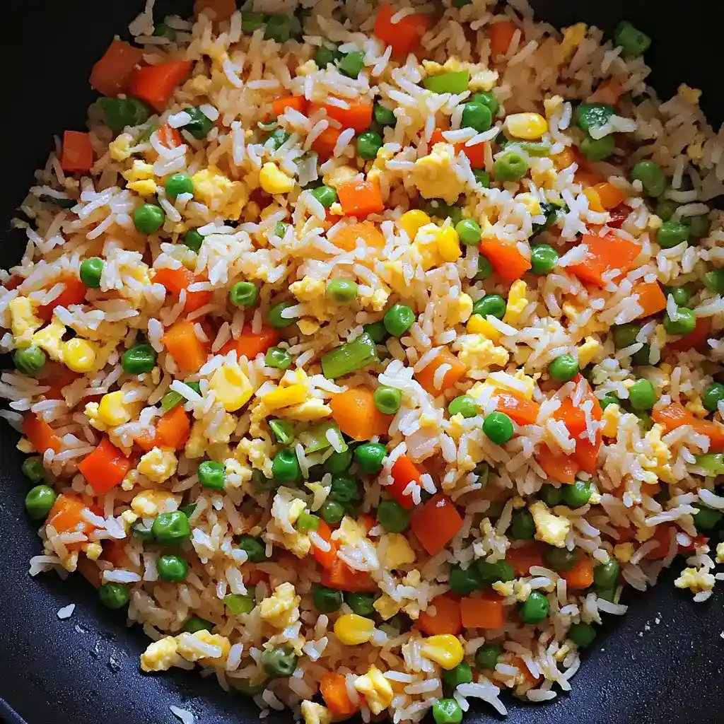 Colorful vegetable fried rice with carrots, peas, corn, and scrambled eggs, cooked in a wok. Perfect for a quick, healthy meal or side dish.
