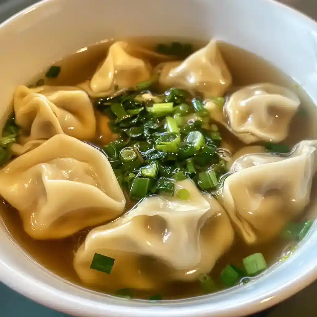 Tasty homemade dumpling soup garnished with fresh green onions, served in a white bowl, perfect for comforting meals and warm cravings.