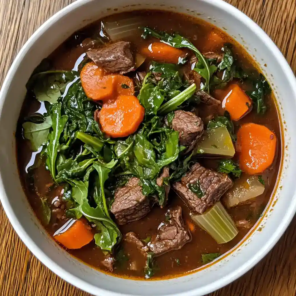 Hearty beef and vegetable soup with carrots, greens, and tender beef chunks in a savory broth. Perfect for a comforting meal.