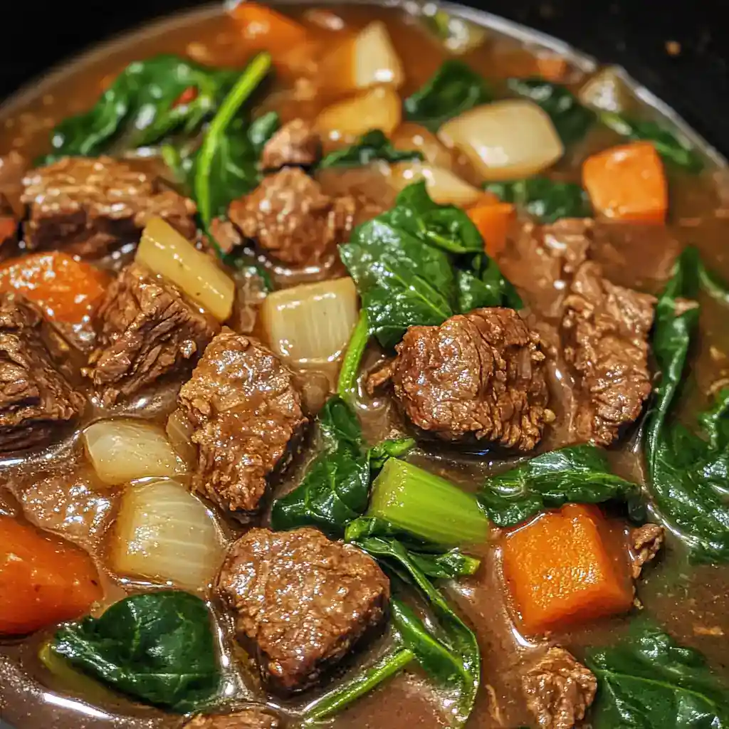 Hearty beef and vegetable stew with tender beef chunks, carrots, potatoes, onions, and spinach in a savory broth. Perfect comfort food for cold days.