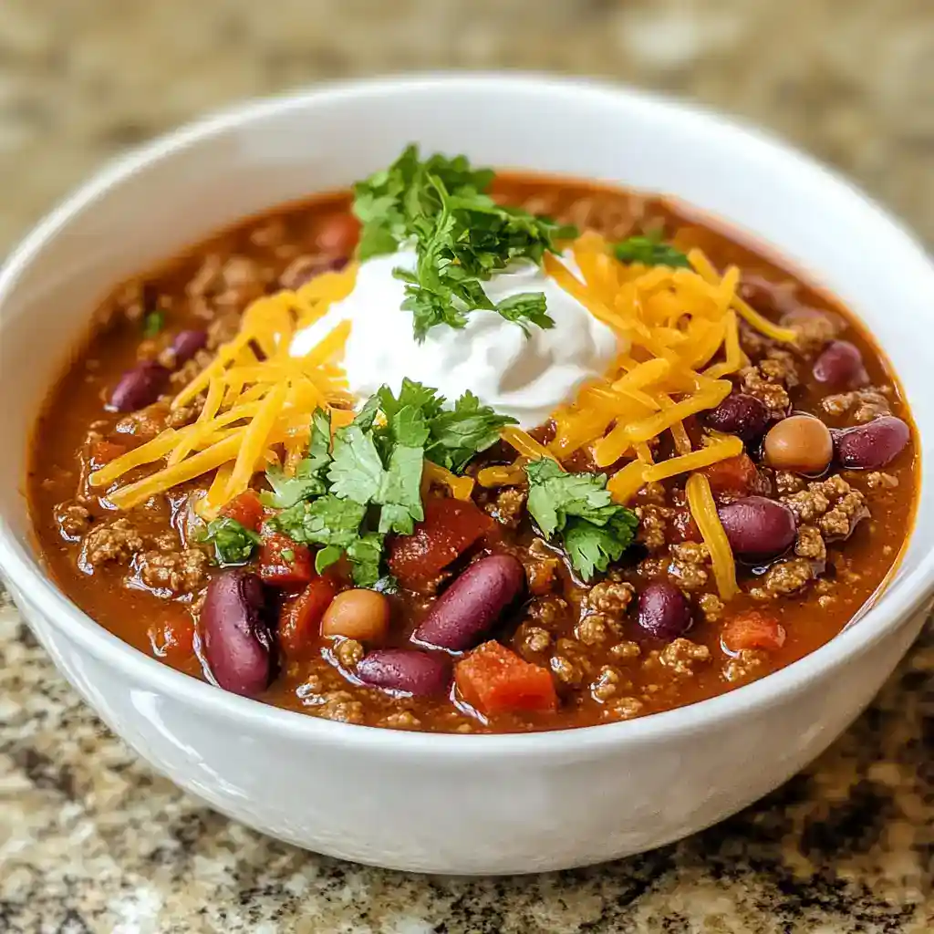 Hearty beef chili with beans, topped with shredded cheese, sour cream, and fresh cilantro in a white bowl. Perfect for a comforting meal.