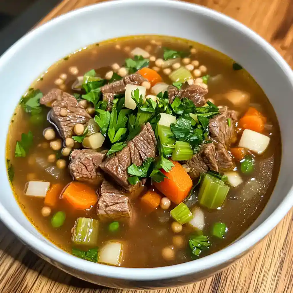Hearty beef and vegetable soup with carrots, peas, and celery in a white bowl on a wooden surface.