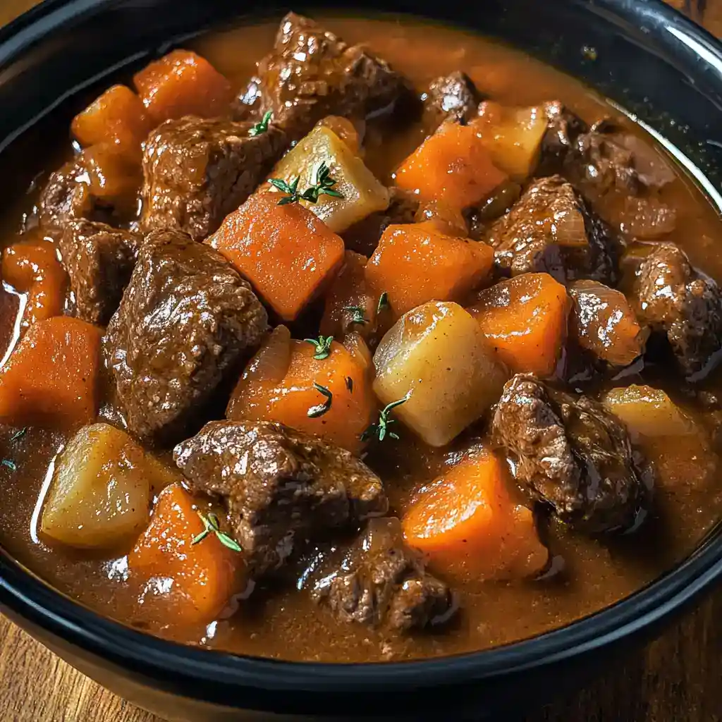 Hearty beef stew with tender beef chunks, carrots, and potatoes in a rich, savory broth. Perfect comfort food for cold days.