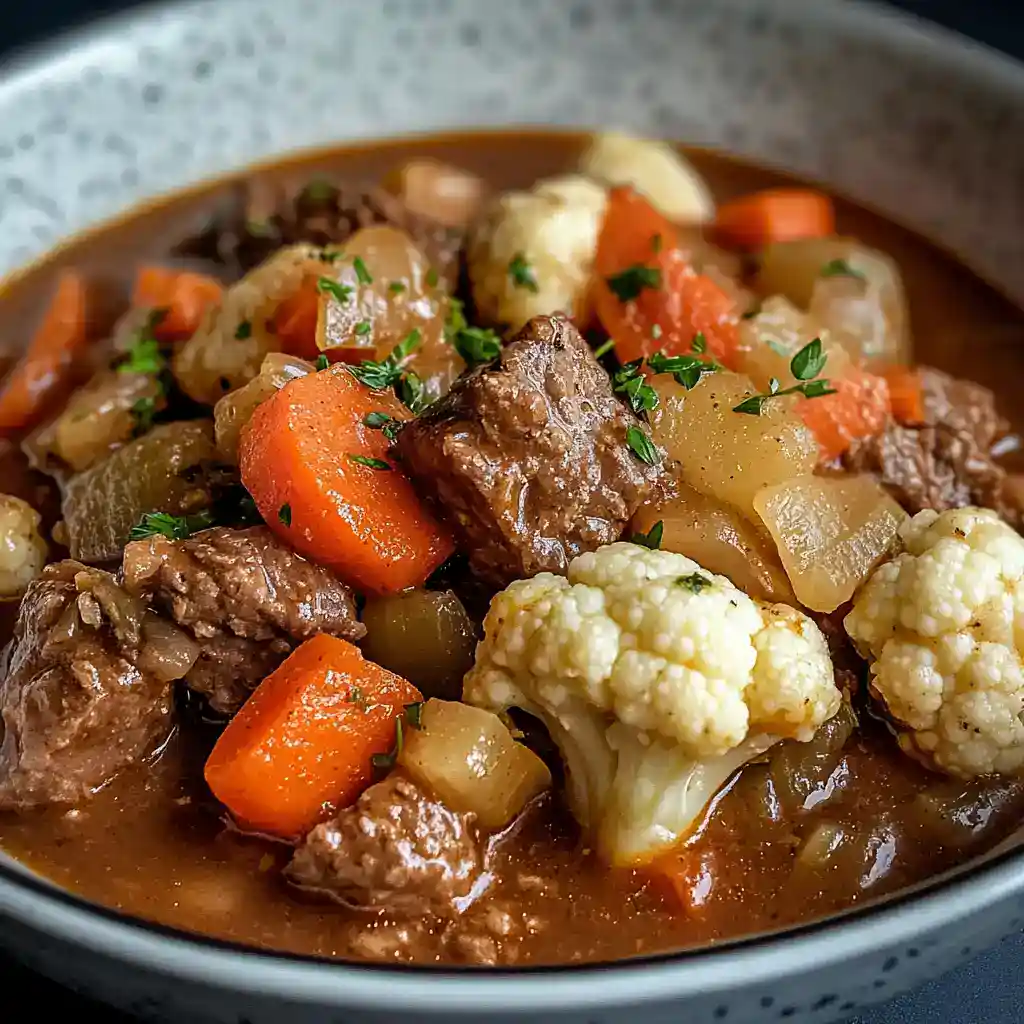 Hearty beef and vegetable stew with carrots, cauliflower, and potatoes in a rich broth, served in a rustic bowl. Perfect comfort food for cold days.