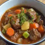 Hearty beef stew with tender beef chunks, carrots, potatoes, and celery in a rich broth, garnished with fresh herbs. Perfect comfort food for cold days.