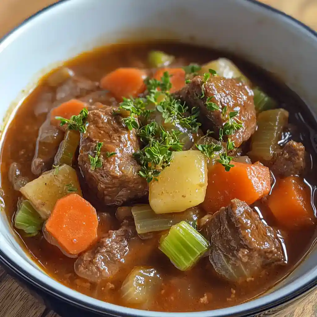 Hearty beef stew with tender beef chunks, carrots, potatoes, and celery in a rich broth, garnished with fresh herbs. Perfect comfort food for cold days.