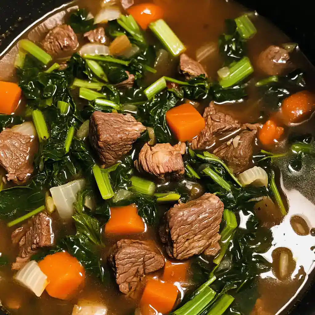 Hearty beef and vegetable stew with chunks of beef, carrots, celery, and greens simmering in a flavorful broth. Perfect comfort food for cold days.