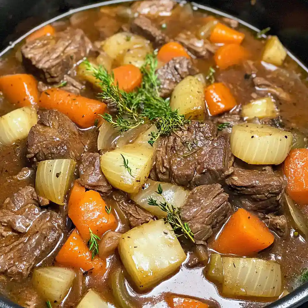 Hearty beef stew with tender beef chunks, carrots, potatoes, and onions in a savory broth, perfect for comforting meals.