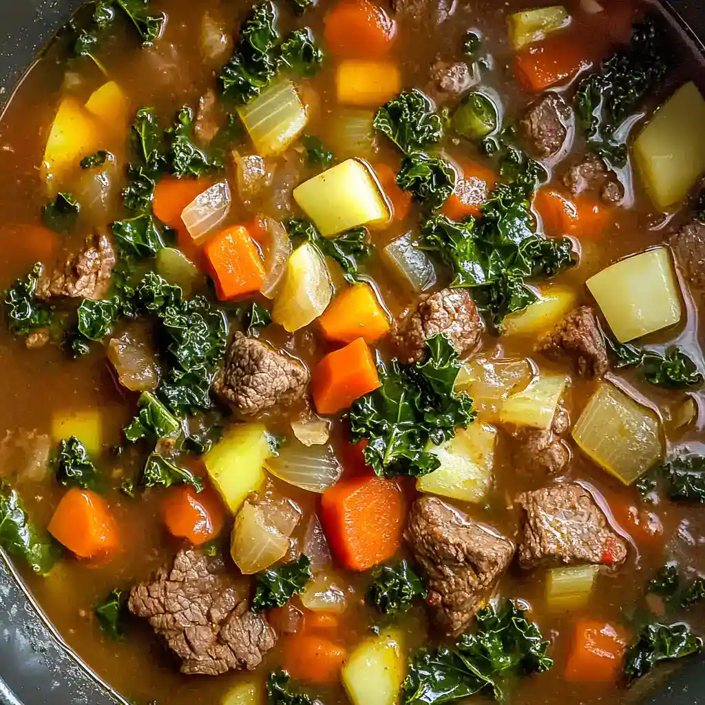 Delicious hearty beef and vegetable soup with tender beef chunks, carrots, celery, potatoes, and kale in a flavorful broth. Perfect for a comforting meal.