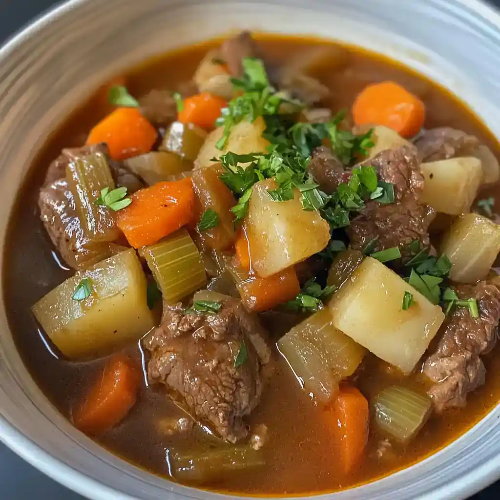 Delicious beef stew featuring tender chunks of beef, carrots, potatoes, celery, and herbs in a savory broth, perfect for comforting meals and family dinners.