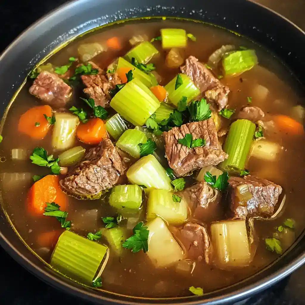 Hearty beef and vegetable soup with chunks of beef, carrots, celery, and fresh herbs in a savory broth. Perfect for a comforting meal.