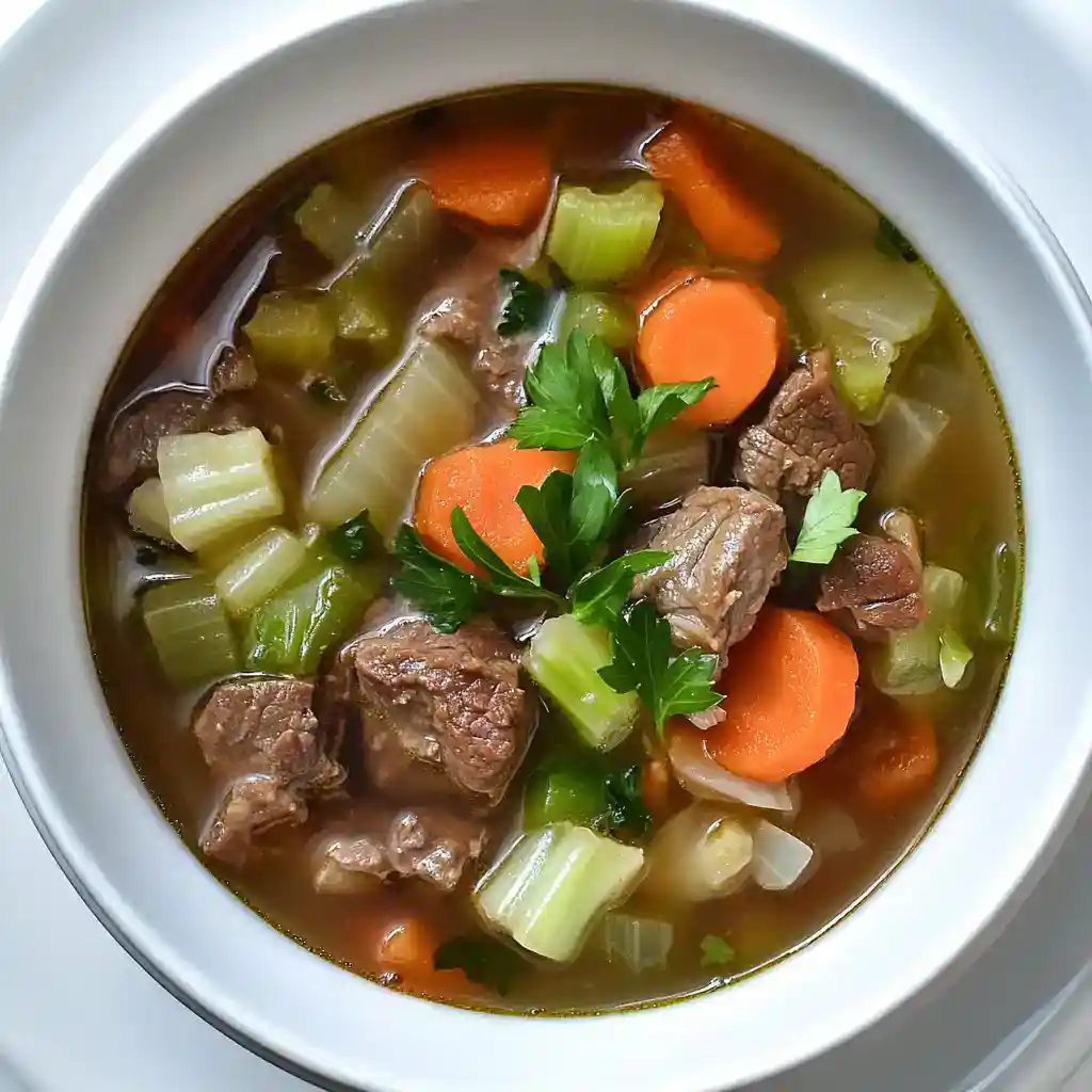 Hearty beef and vegetable soup with carrots, celery, and fresh herbs in a white bowl.