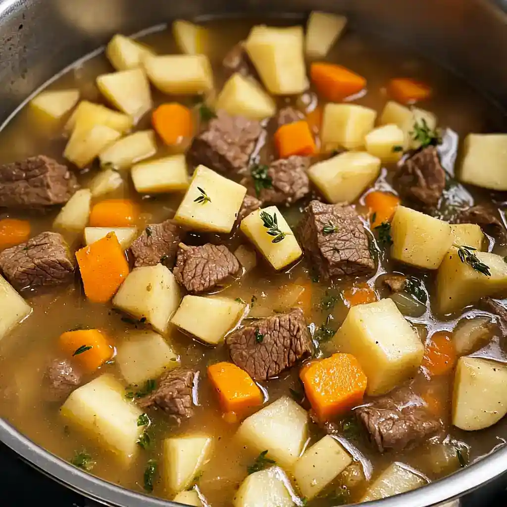 Hearty beef stew with potatoes, carrots, and herbs in a savory broth, perfect for comforting meals.