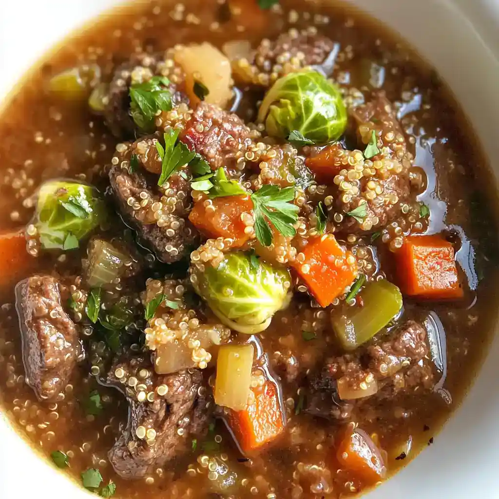Hearty beef and vegetable stew with carrots, Brussels sprouts, and herbs in a savory broth. Perfect for comforting meals and family dinners.