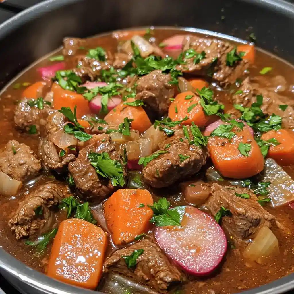 Hearty beef stew with carrots, radishes, and fresh herbs in a savory broth. Perfect comfort food for cold days.