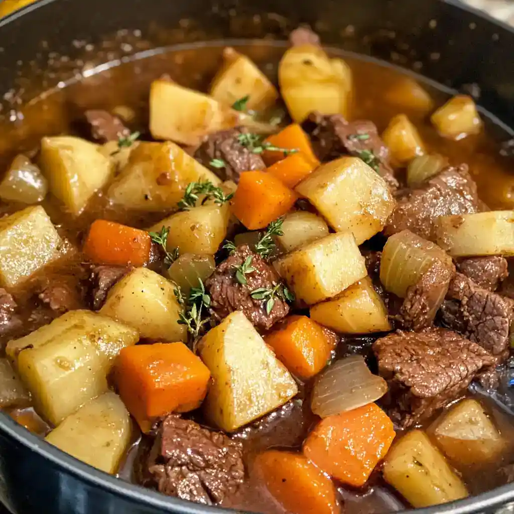 Delicious beef stew with potatoes, carrots, and onions in a savory broth, perfect for comforting meals and family dinners.