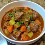 Hearty beef stew with tender beef chunks, carrots, celery, and herbs in a rich broth, served in a white bowl. Perfect comfort food for cold days.