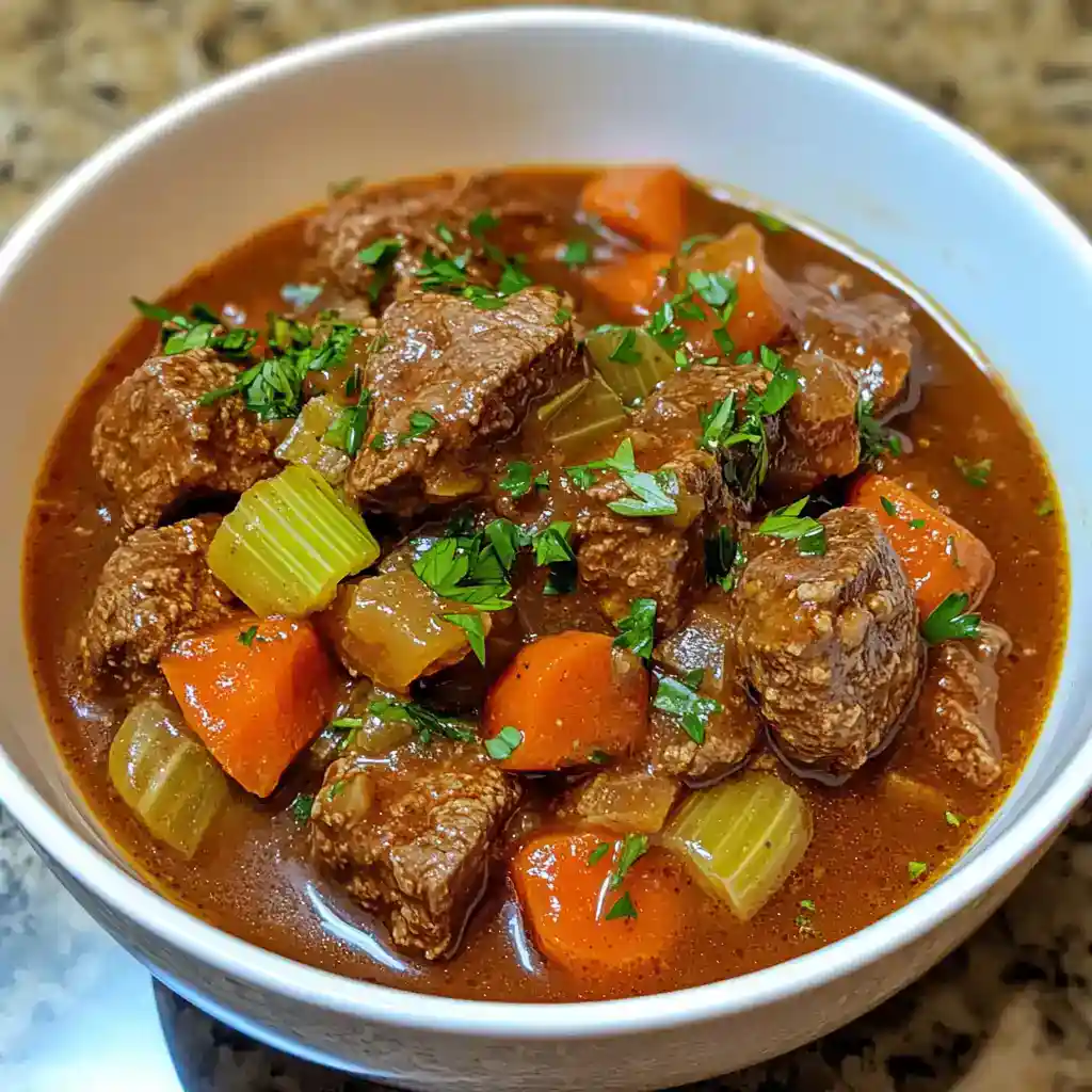 Hearty beef stew with tender beef chunks, carrots, celery, and herbs in a rich broth, served in a white bowl. Perfect comfort food for cold days.