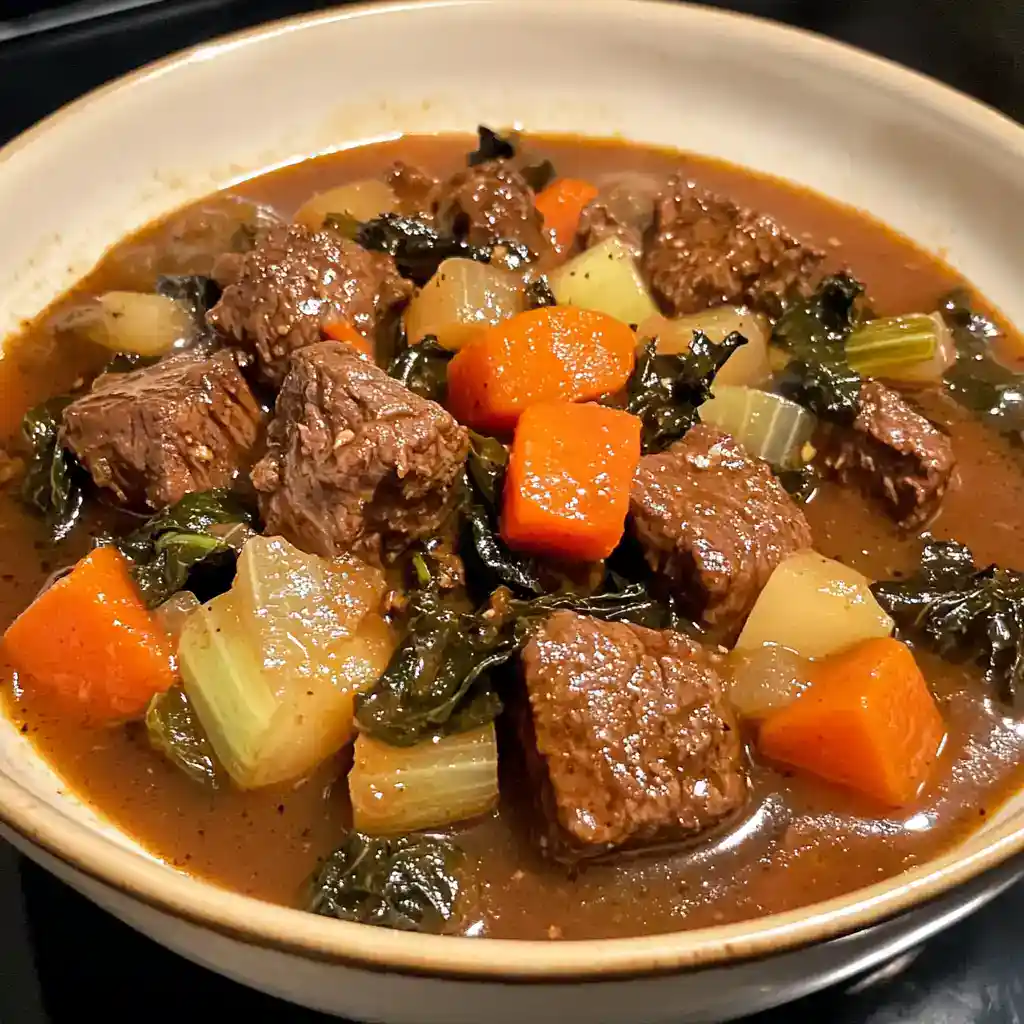 Hearty beef stew with tender beef chunks, carrots, potatoes, and greens in a savory broth, served in a white bowl.